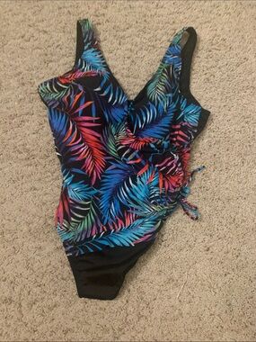 Zara Black One-Piece Swimsuit with Multicolor Tropical Leaves